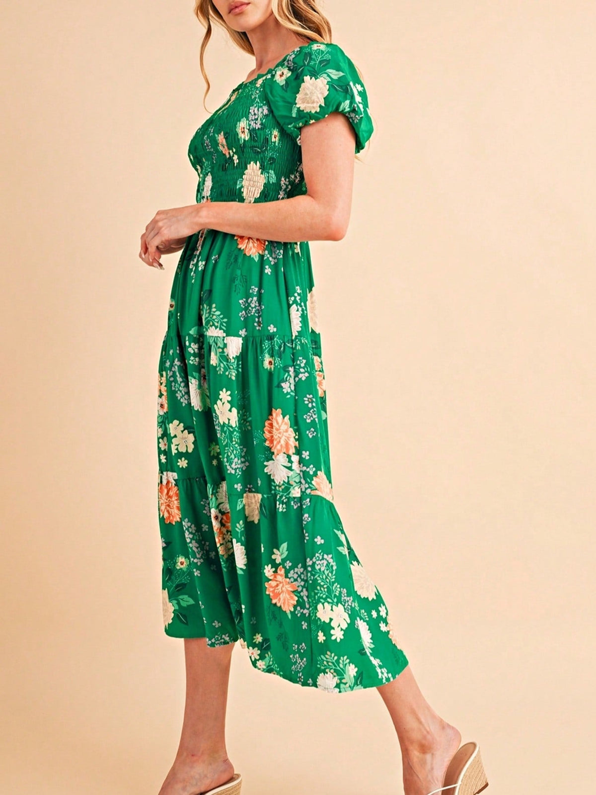 Boho Retro  Viscose Y2K Tiered Puff Sleeve Green Floral Classic Smocked Midi Dress