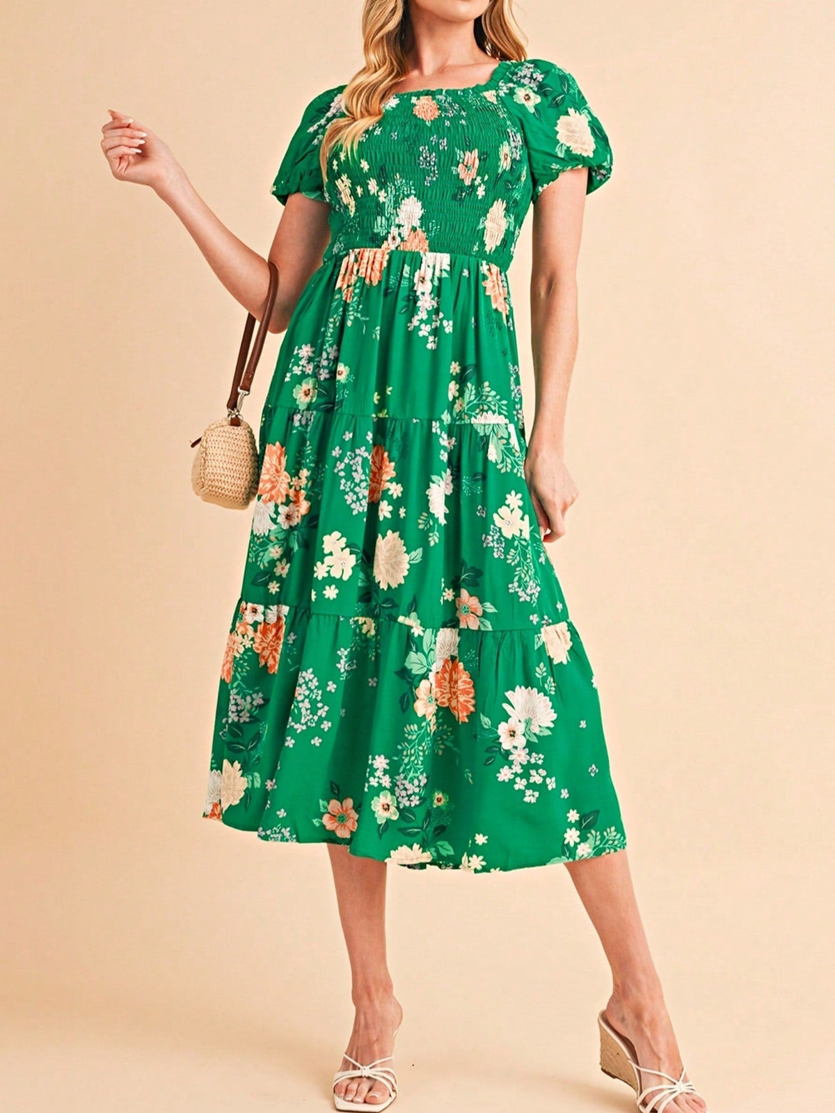 Boho Retro  Viscose Y2K Tiered Puff Sleeve Green Floral Classic Smocked Midi Dress