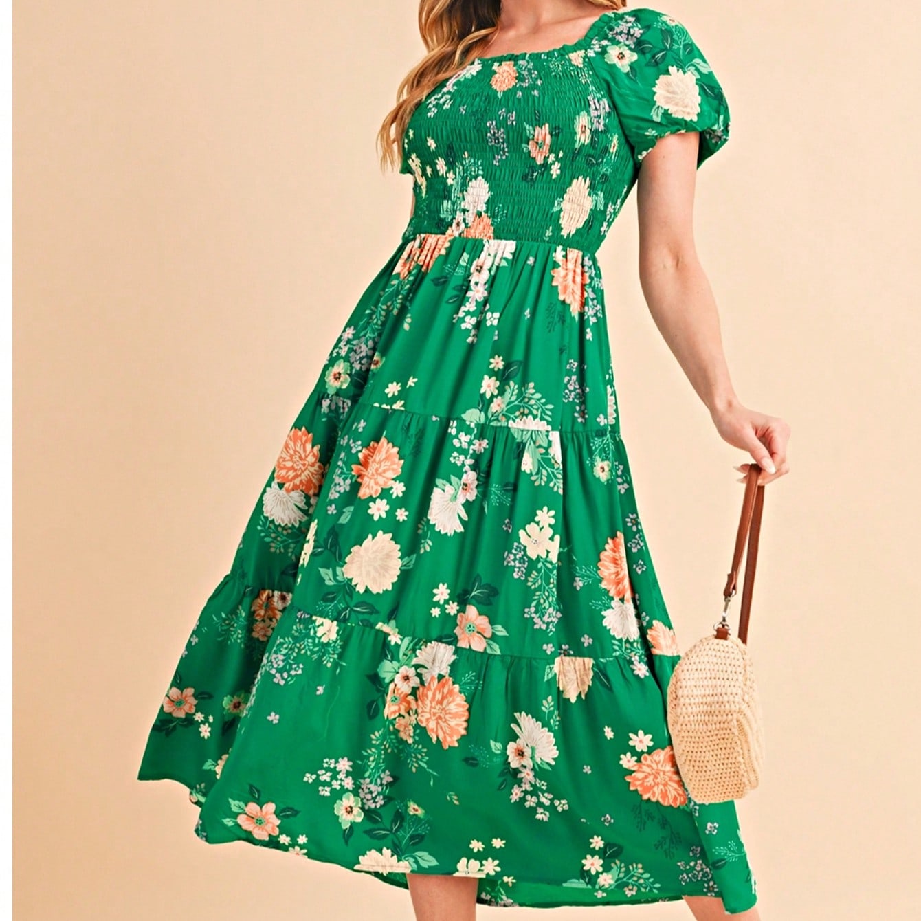 Boho Retro  Viscose Y2K Tiered Puff Sleeve Green Floral Classic Smocked Midi Dress