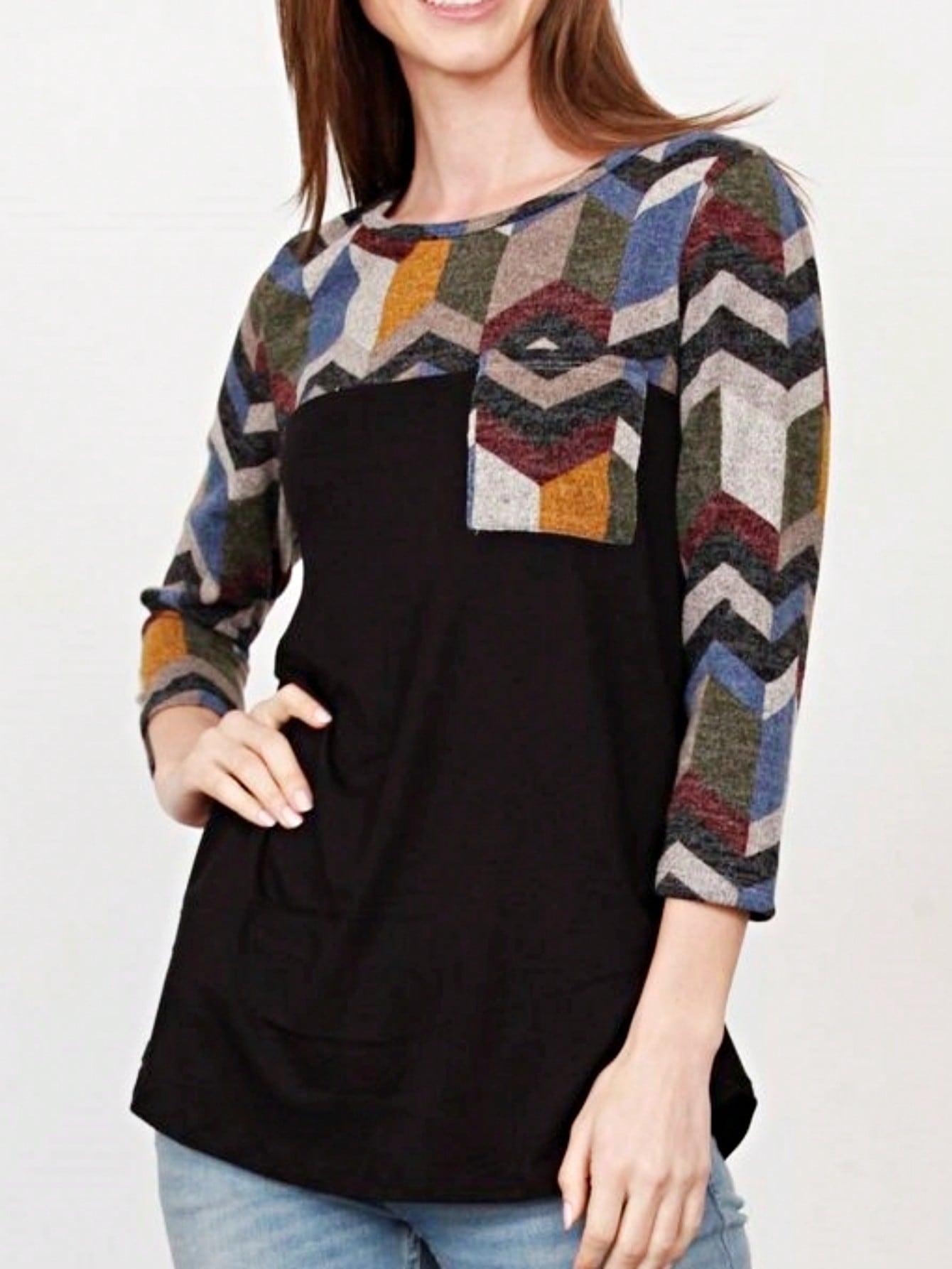 Boho Retro Black Mint Color Block Oriental Geo Pocket 60's Rayon Soft Top Shirt Blouse | Small-3 XL