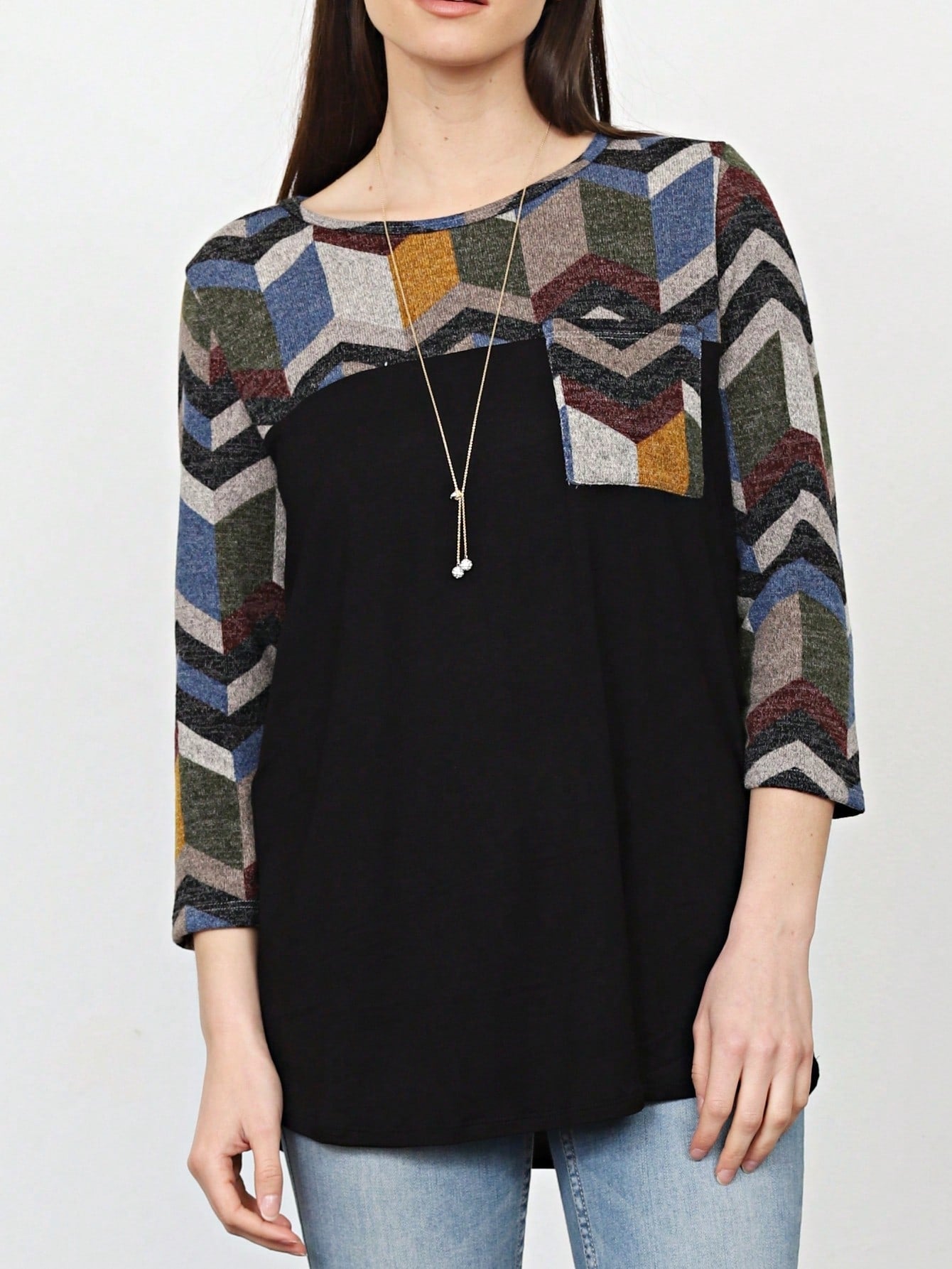 Boho Retro Black Mint Color Block Oriental Geo Pocket 60's Rayon Soft Top Shirt Blouse | Small-3 XL