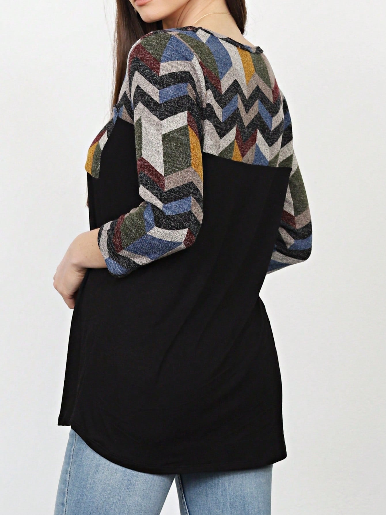 Boho Retro Black Mint Color Block Oriental Geo Pocket 60's Rayon Soft Top Shirt Blouse | Small-3 XL