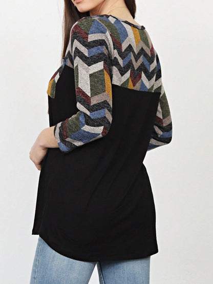 Boho Retro Black Mint Color Block Oriental Geo Pocket 60's Rayon Soft Top Shirt Blouse | Small-3 XL