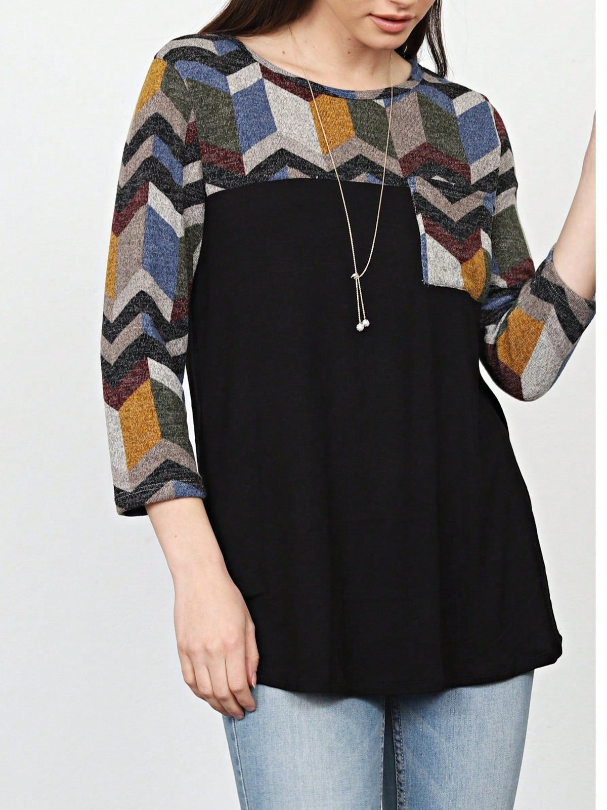 Boho Retro Black Mint Color Block Oriental Geo Pocket 60's Rayon Soft Top Shirt Blouse | Small-3 XL