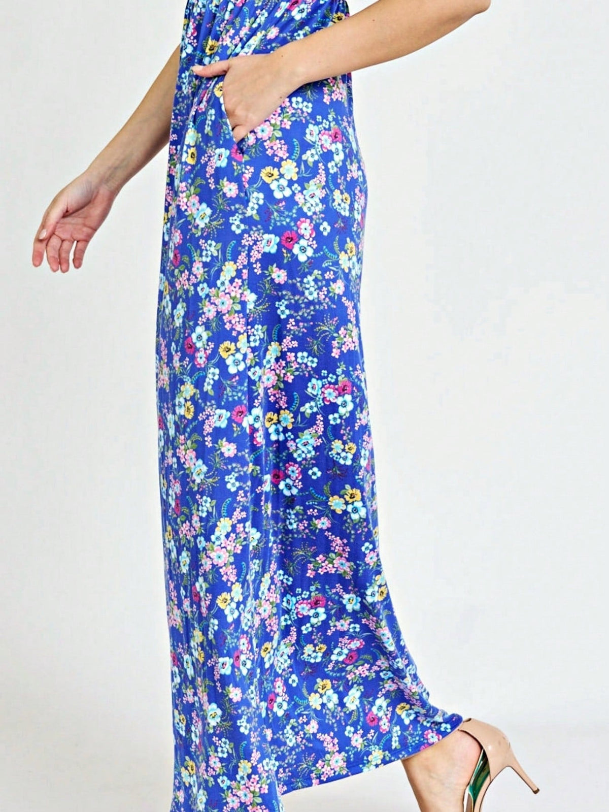 Boho Retro Multi Ditsy Floral Stripe Blue Charcoal Black Coral Short Sleeve Maxi Long Dress With Pocket | S-3X