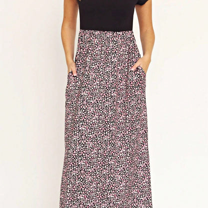 Boho Retro Multi Ditsy Floral Stripe Blue Charcoal Black Coral Short Sleeve Maxi Long Dress With Pocket | S-3X