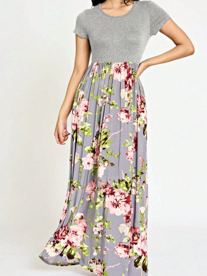 Boho Retro Multi Ditsy Floral Stripe Blue Charcoal Black Coral Short Sleeve Maxi Long Dress With Pocket | S-3X
