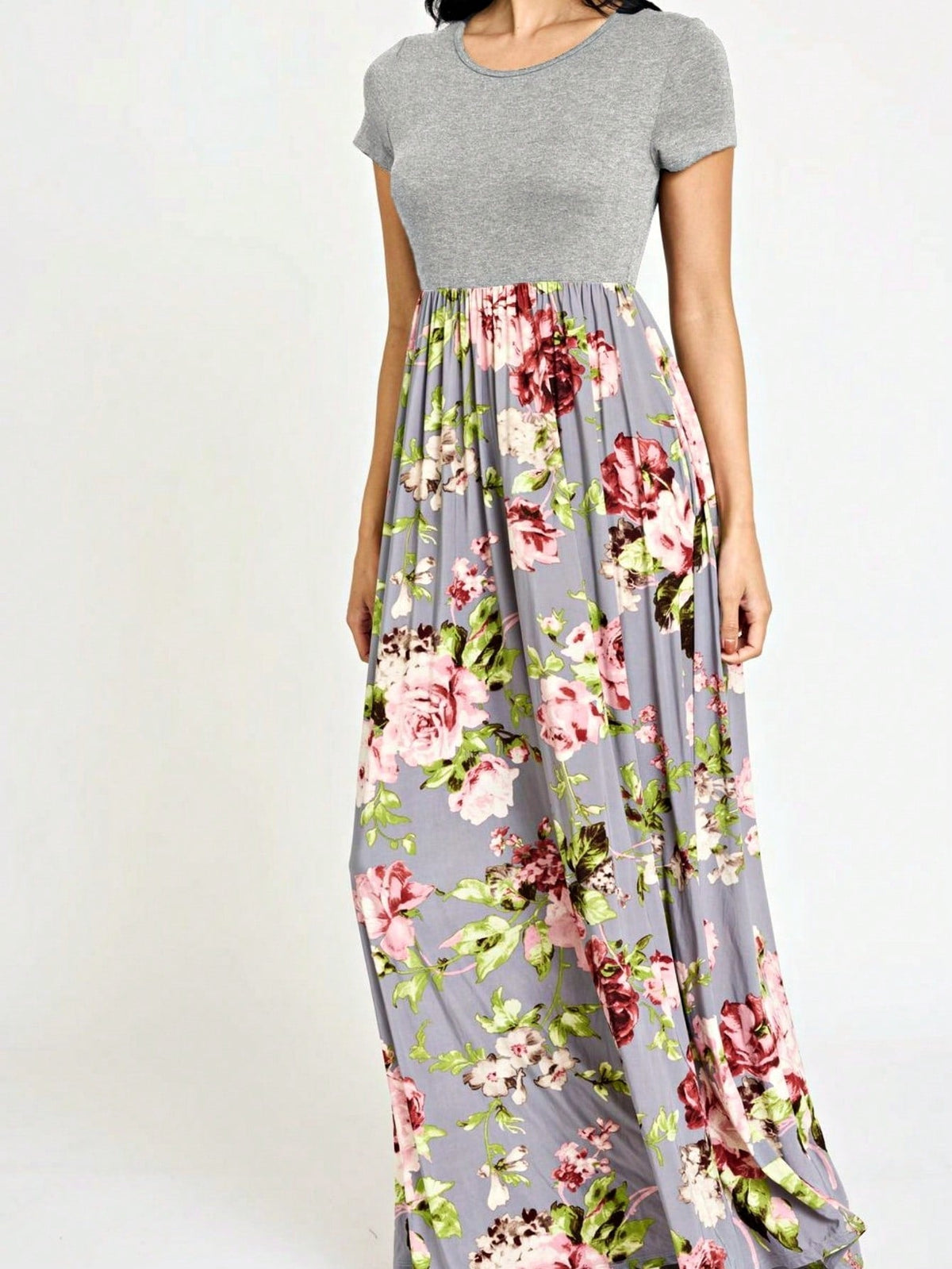 Boho Retro Multi Ditsy Floral Stripe Blue Charcoal Black Coral Short Sleeve Maxi Long Dress With Pocket | S-3X