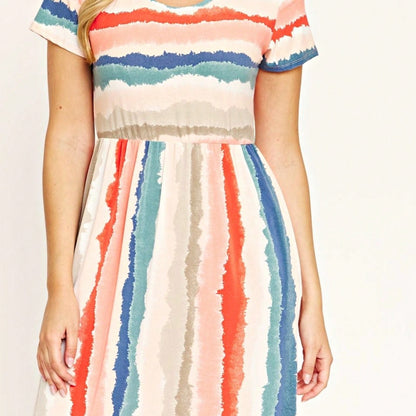 Boho Retro Multi Ditsy Floral Stripe Blue Charcoal Black Coral Short Sleeve Maxi Long Dress With Pocket | S-3X