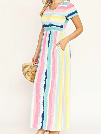 Boho Retro Multi Ditsy Floral Stripe Blue Charcoal Black Coral Short Sleeve Maxi Long Dress With Pocket | S-3X