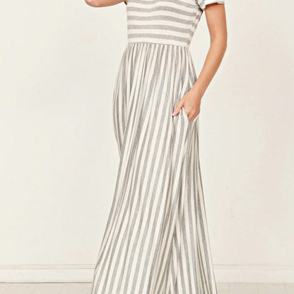 Boho Retro Multi Ditsy Floral Stripe Blue Charcoal Black Coral Short Sleeve Maxi Long Dress With Pocket | S-3X