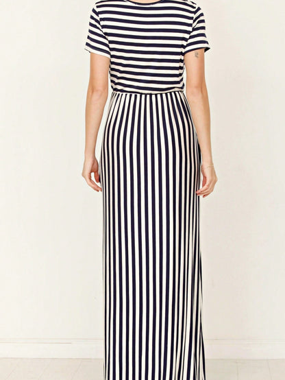 Boho Retro Multi Ditsy Floral Stripe Blue Charcoal Black Coral Short Sleeve Maxi Long Dress With Pocket | S-3X