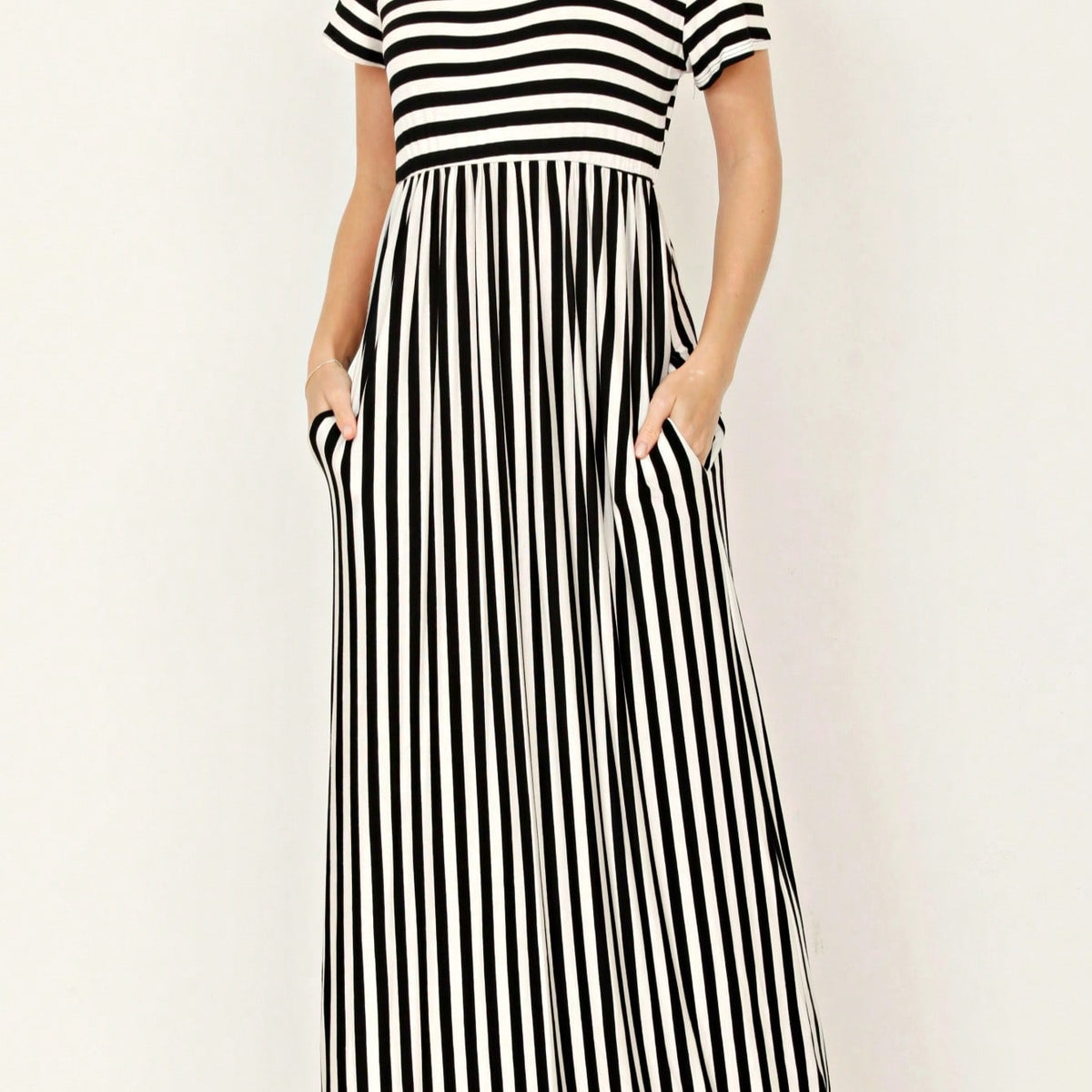 Boho Retro Multi Ditsy Floral Stripe Blue Charcoal Black Coral Short Sleeve Maxi Long Dress With Pocket | S-3X