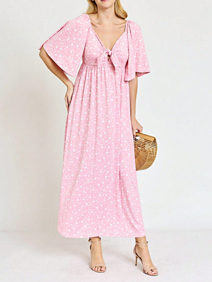 Boho Retro Polka Dot Rayon Mix Casual  Maxi Dress With Folded Cap Sleeve Side Pockets Versatile Summer Dress For Women