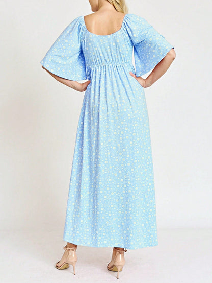 Boho Retro Polka Dot Rayon Mix Casual  Maxi Dress With Folded Cap Sleeve Side Pockets Versatile Summer Dress For Women