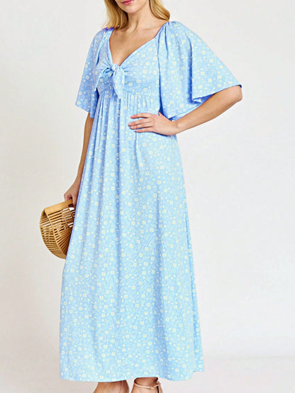 Boho Retro Polka Dot Rayon Mix Casual  Maxi Dress With Folded Cap Sleeve Side Pockets Versatile Summer Dress For Women