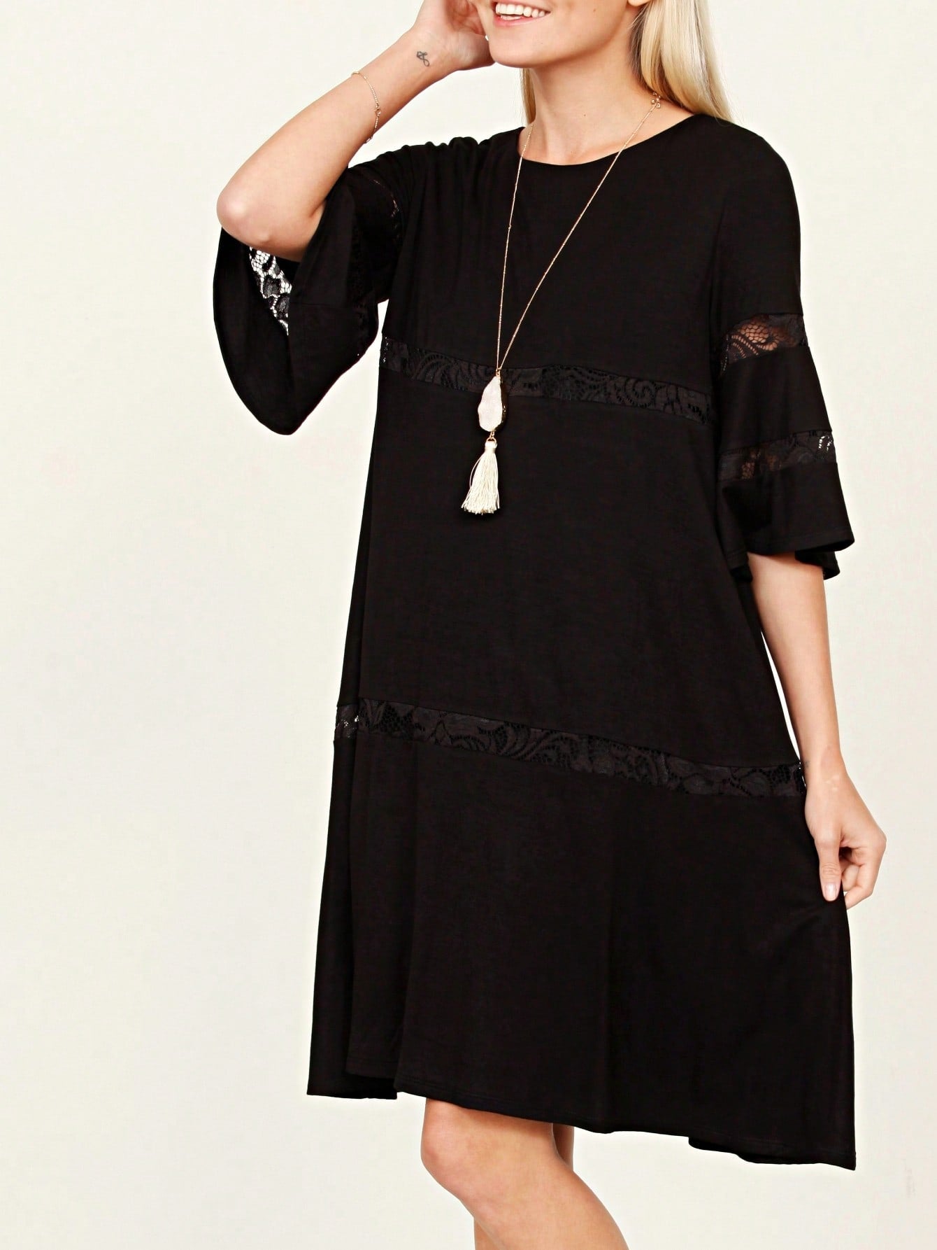 Boho Retro Burgundy  Red Lace Fit And Flare Three-Quarter Sleeve Lace