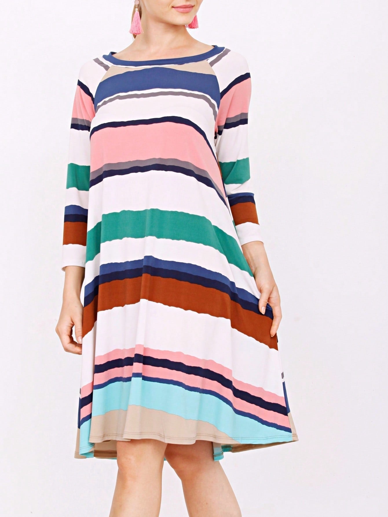 Boho Retro Stripe Pink Tassel Rayon Cool Smooth Soft Tunic Dress Top Shirt Blouse