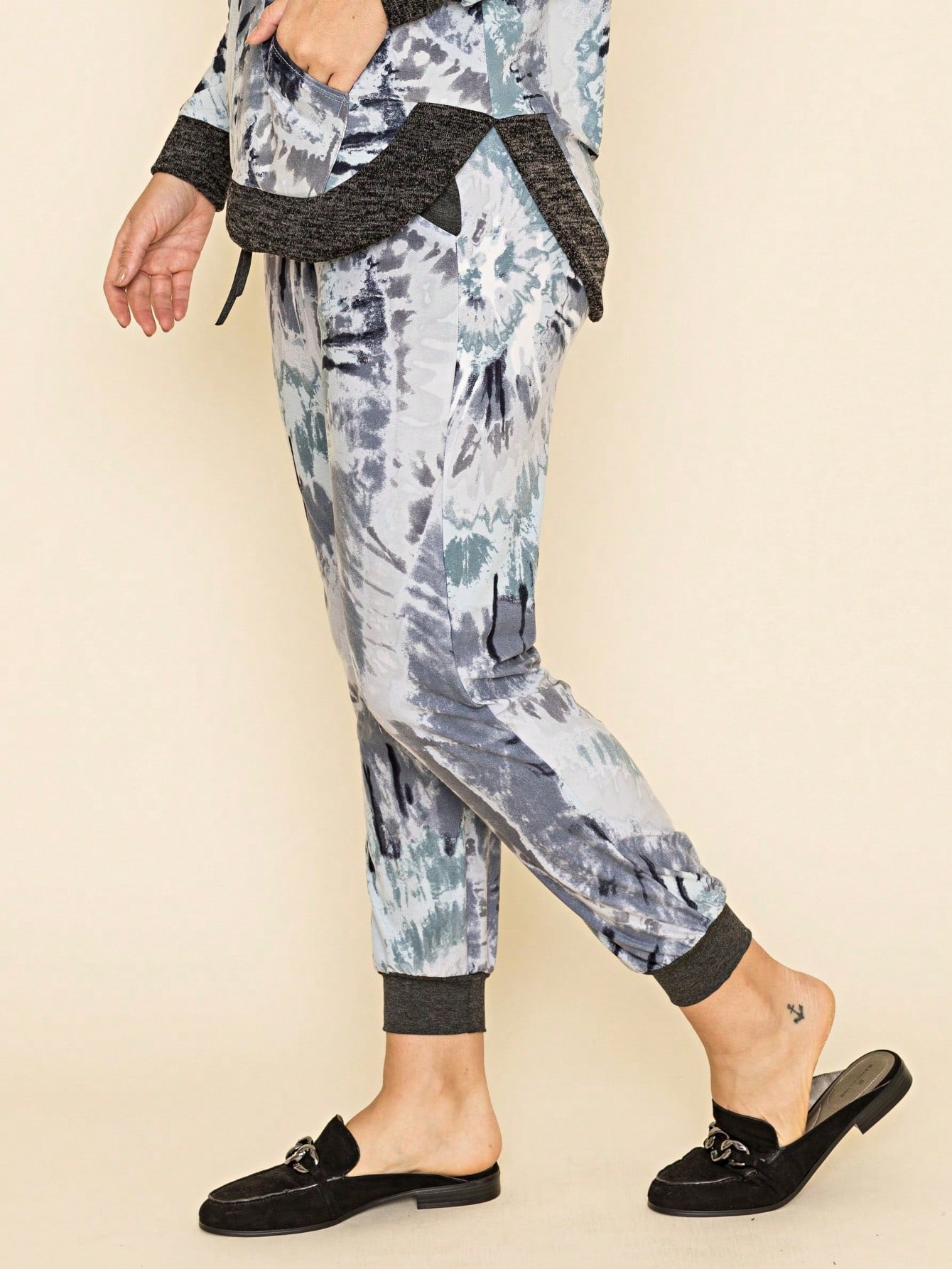 Boho Retro 90's Tie Dye Pink Blue Solid Olive Navy Black Charcoal  Grey Shirred Ruched Cuff  Jogger Pants With Drawstring And Pocket