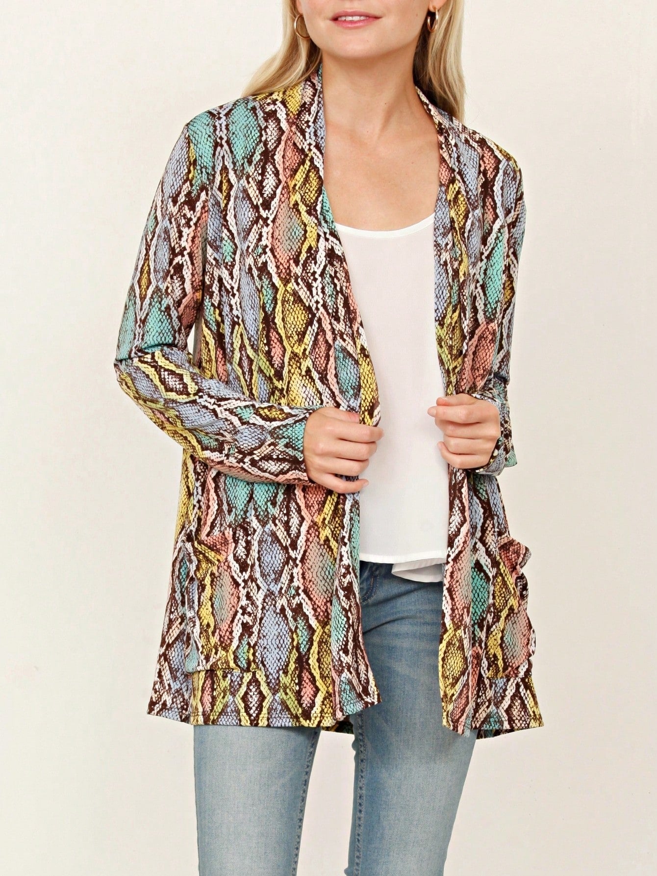 Boho Retro Peach Khaki Beige Floral Button  Puff Drop Shoulder Light Weight Terry Cardigan Small To 3 XL PLUS
