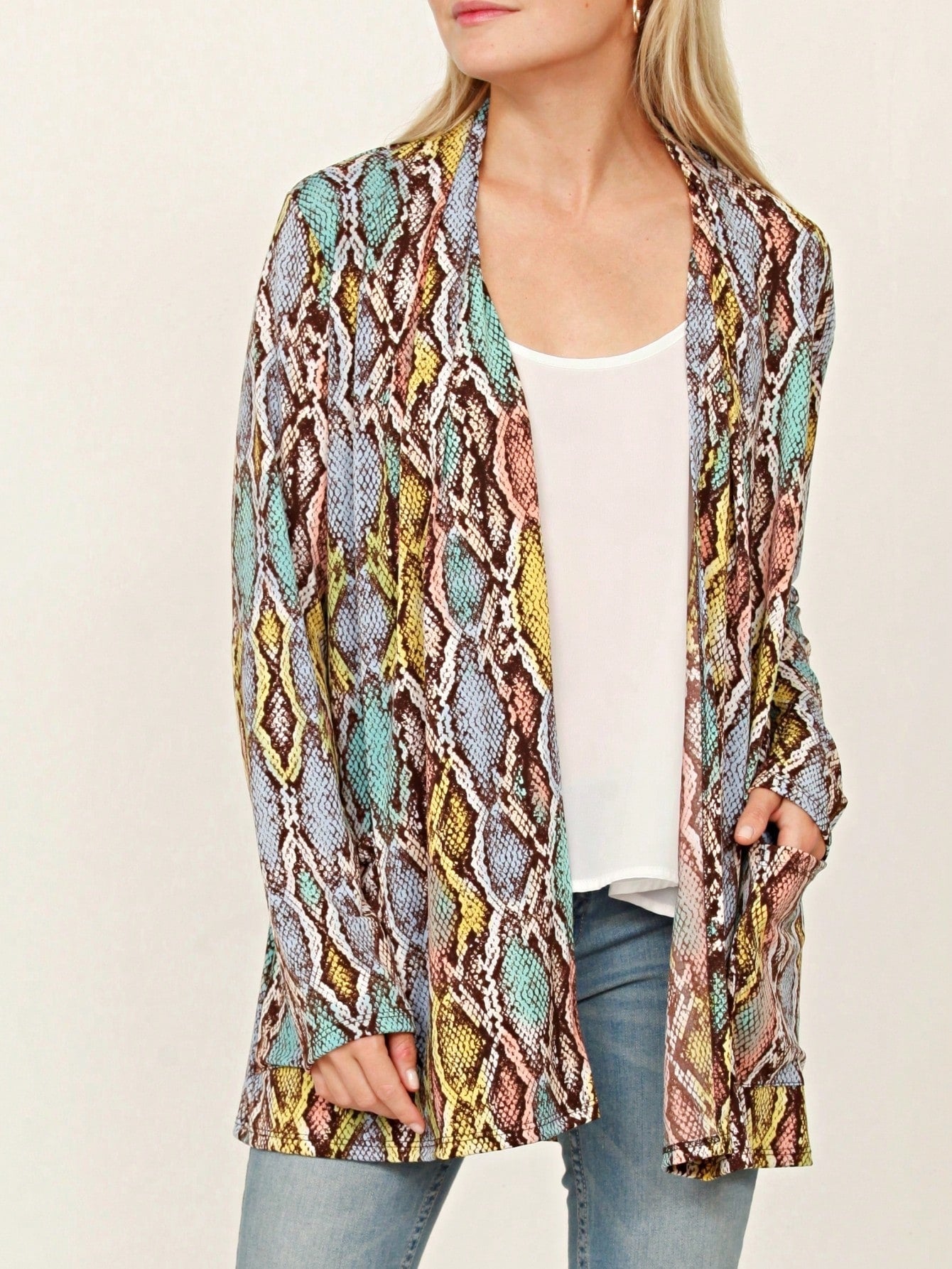 Boho Retro Peach Khaki Beige Floral Button  Puff Drop Shoulder Light Weight Terry Cardigan Small To 3 XL PLUS