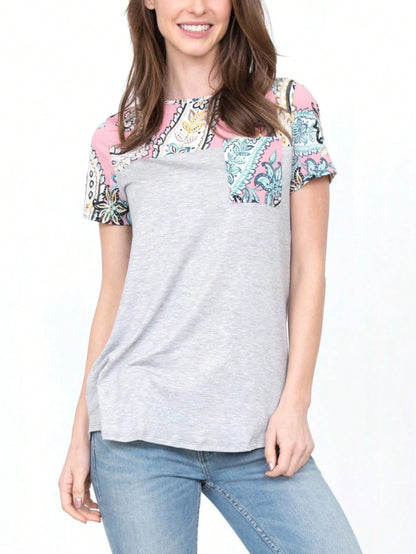 Boho Retro Black Mint Color Block Oriental Geo Pocket 60's Rayon Soft Top Shirt Blouse | Small-3 XL