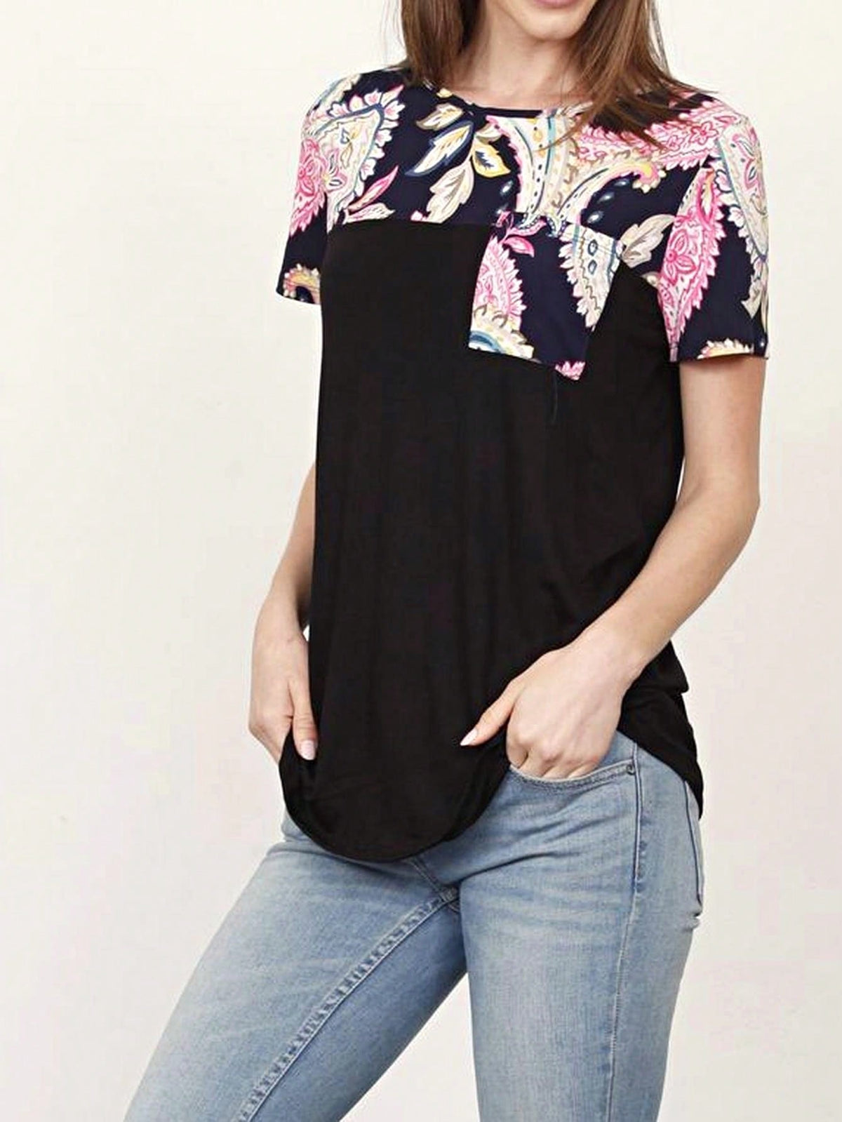 Boho Retro Black Mint Color Block Oriental Geo Pocket 60's Rayon Soft Top Shirt Blouse | Small-3 XL