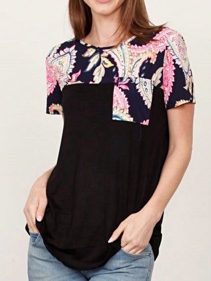 Boho Retro Black Mint Color Block Oriental Geo Pocket 60's Rayon Soft Top Shirt Blouse | Small-3 XL