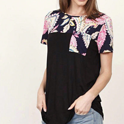 Boho Retro Black Mint Color Block Oriental Geo Pocket 60's Rayon Soft Top Shirt Blouse | Small-3 XL