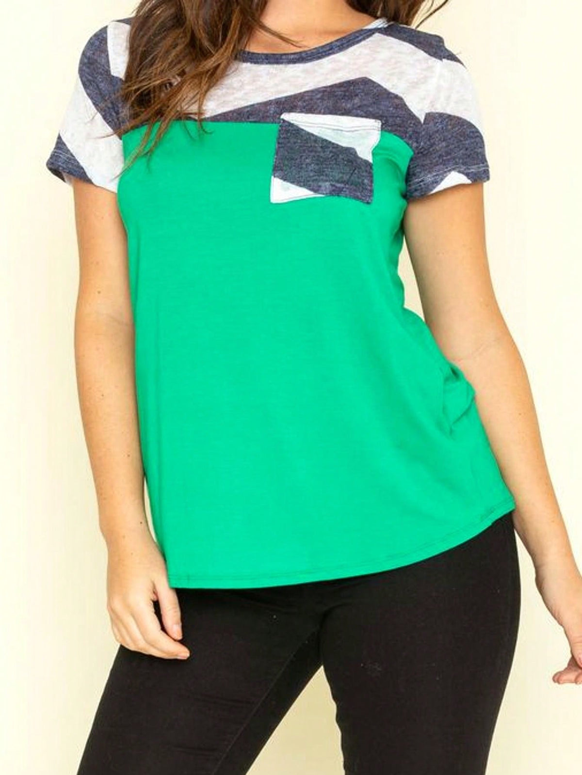 Boho Retro Black Mint Color Block Oriental Geo Pocket 60's Rayon Soft Top Shirt Blouse | Small-3 XL