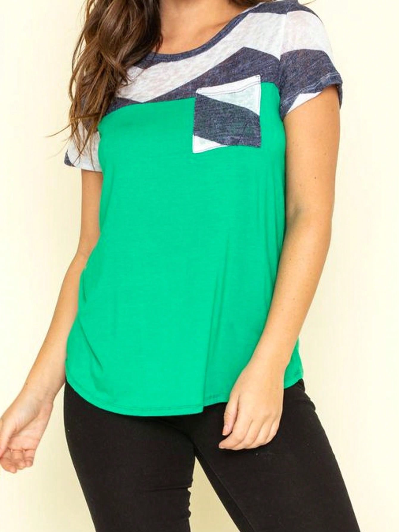Boho Retro Black Mint Color Block Oriental Geo Pocket 60's Rayon Soft Top Shirt Blouse | Small-3 XL