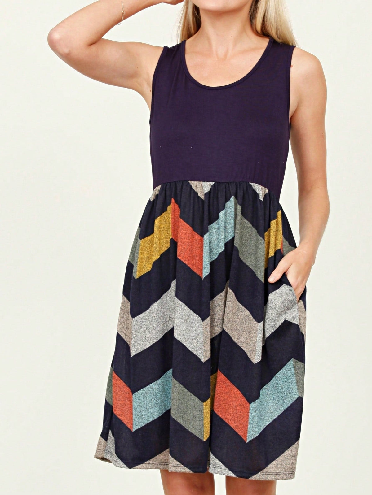 Boho Vintage Chevron Stripe Pink Yellow Navy Sleeveless Mini Poolside Cover Up Dress Small To 3 XL Plus