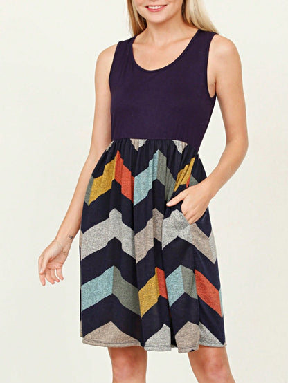 Boho Vintage Chevron Stripe Pink Yellow Navy Sleeveless Mini Poolside Cover Up Dress Small To 3 XL Plus