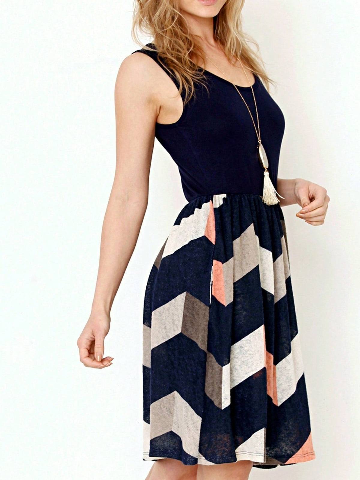 Boho Vintage Chevron Stripe Pink Yellow Navy Sleeveless Mini Poolside Cover Up Dress Small To 3 XL Plus