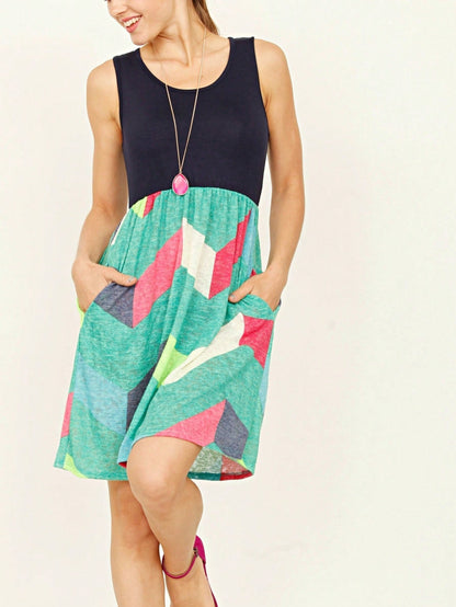 Boho Vintage Chevron Stripe Pink Yellow Navy Sleeveless Mini Poolside Cover Up Dress Small To 3 XL Plus