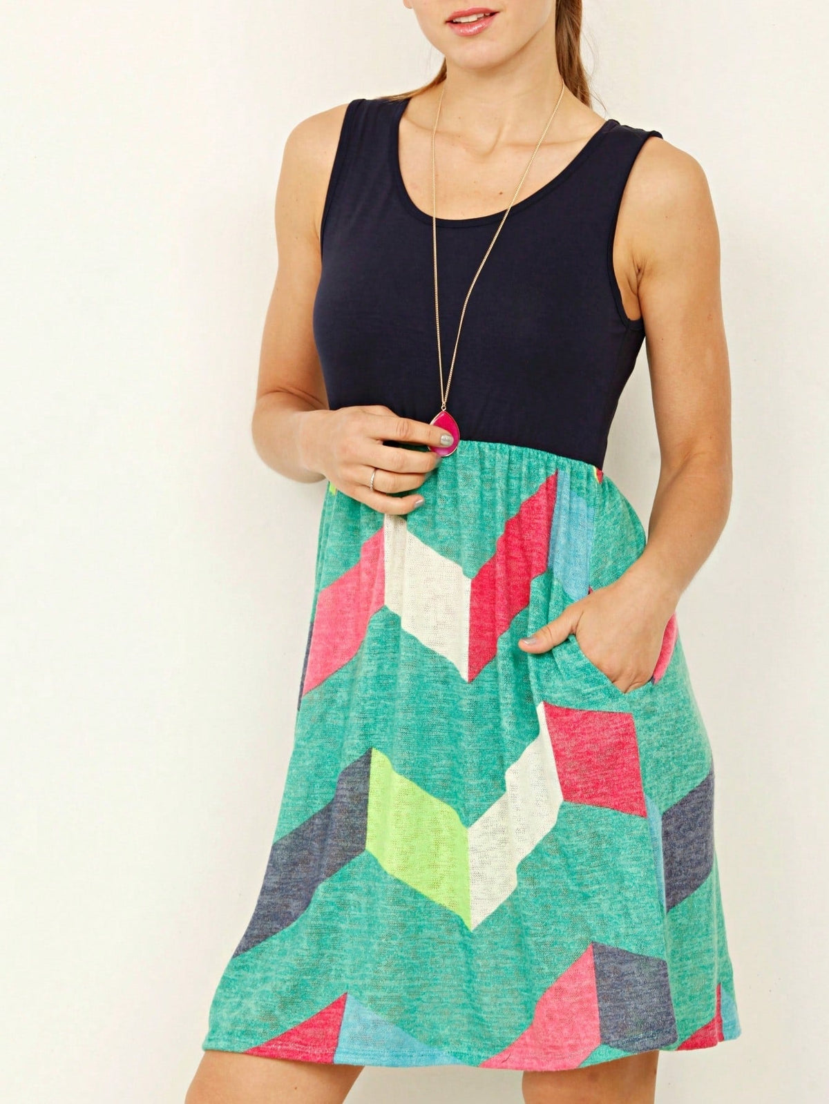 Boho Vintage Chevron Stripe Pink Yellow Navy Sleeveless Mini Poolside Cover Up Dress Small To 3 XL Plus