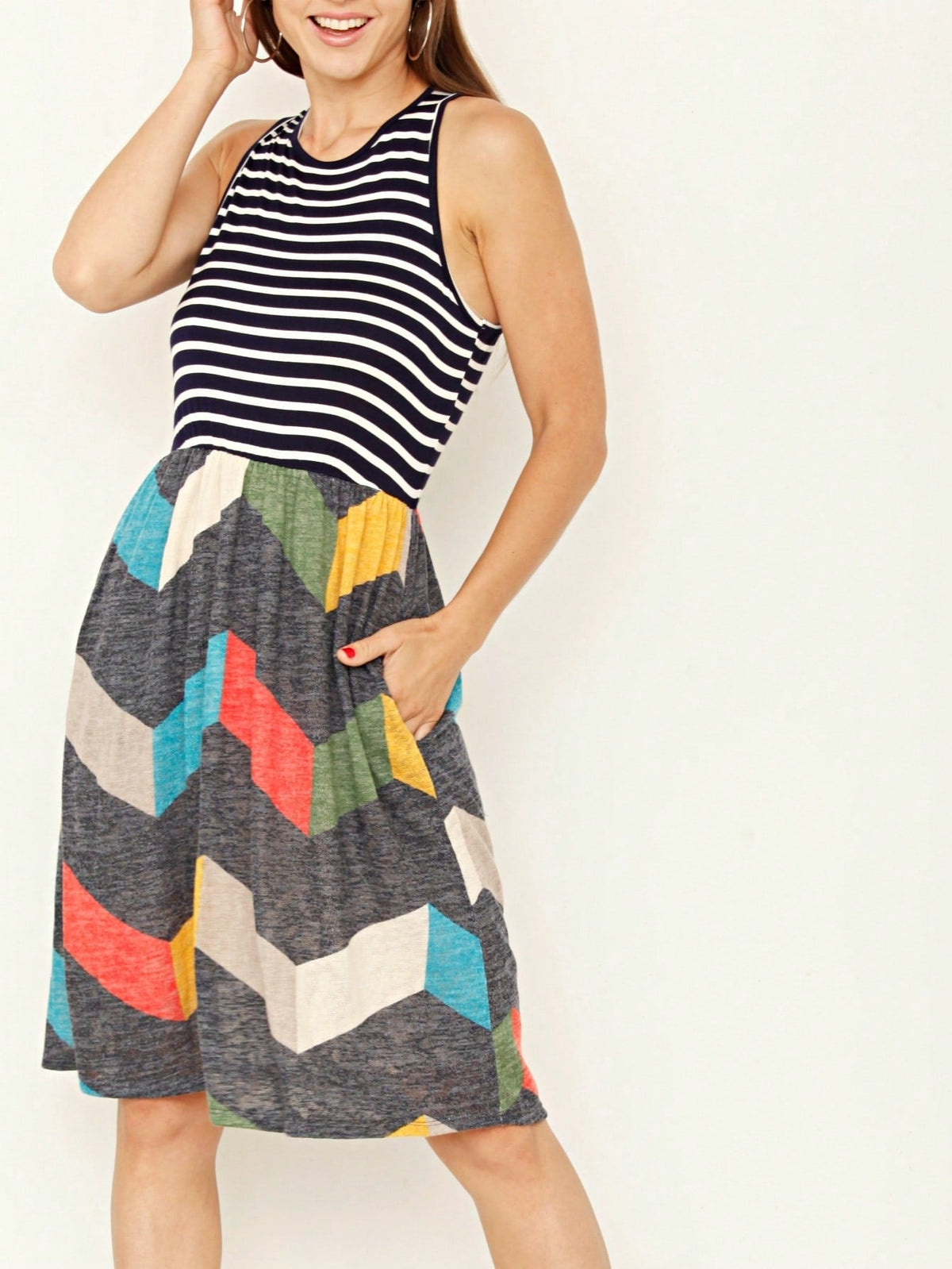 Boho Vintage Chevron Stripe Pink Yellow Navy Sleeveless Mini Poolside Cover Up Dress Small To 3 XL Plus