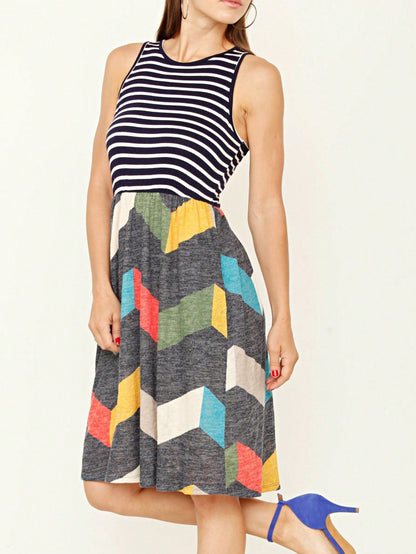 Boho Vintage Chevron Stripe Pink Yellow Navy Sleeveless Mini Poolside Cover Up Dress Small To 3 XL Plus