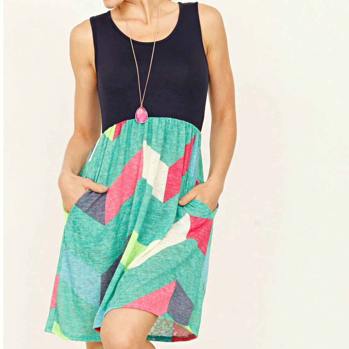 Boho Vintage Chevron Stripe Pink Yellow Navy Sleeveless Mini Poolside Cover Up Dress Small To 3 XL Plus