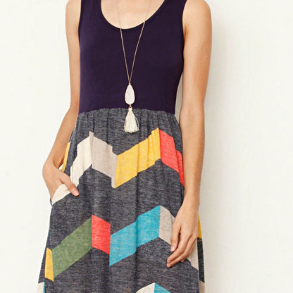 Boho Vintage Chevron Stripe Pink Yellow Navy Sleeveless Mini Poolside Cover Up Dress Small To 3 XL Plus