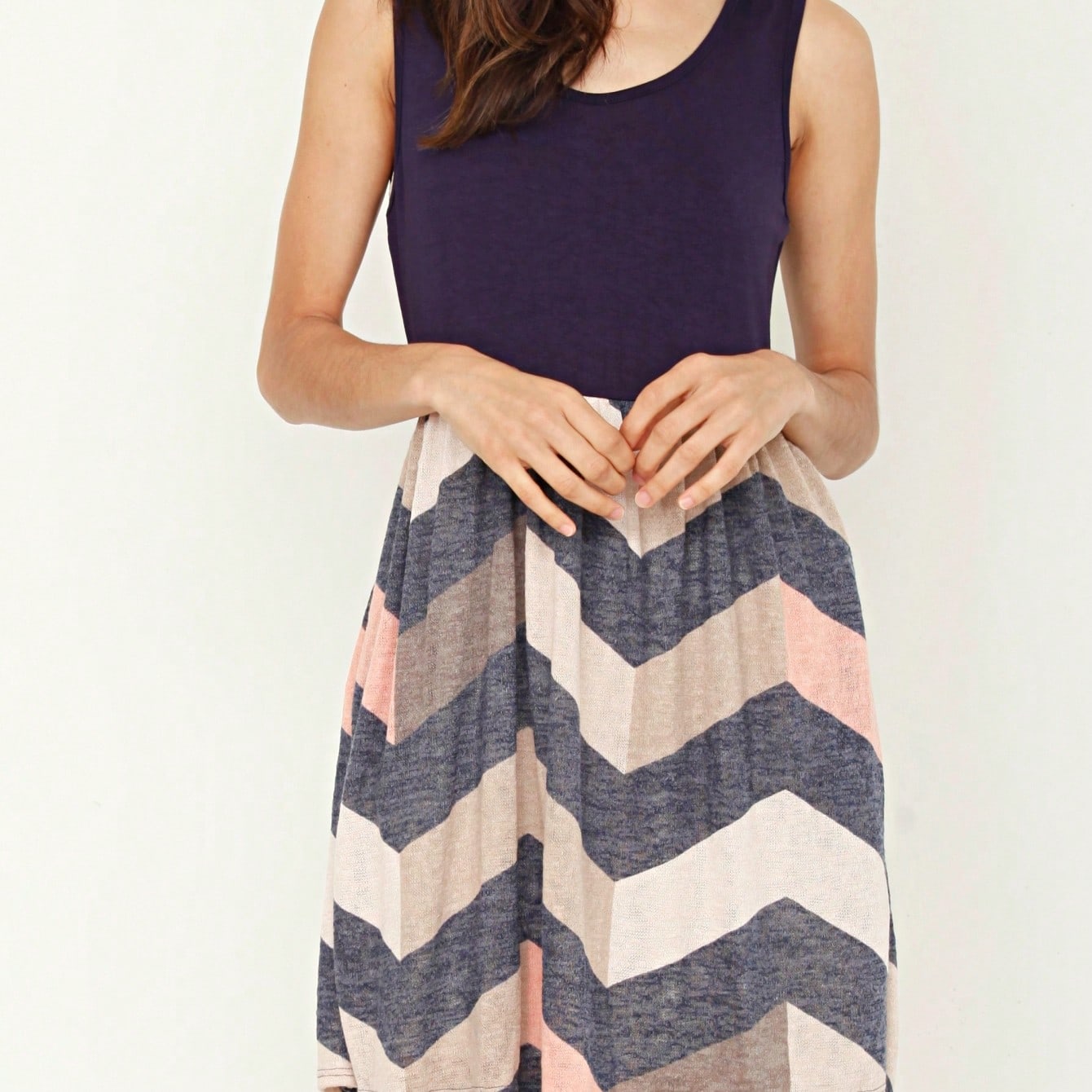 Boho Vintage Chevron Stripe Pink Yellow Navy Sleeveless Mini Poolside Cover Up Dress Small To 3 XL Plus