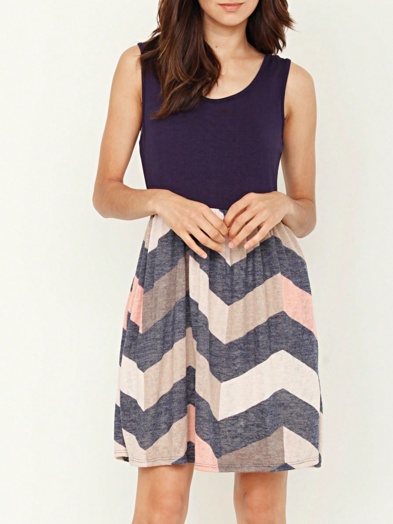 Boho Vintage Chevron Stripe Pink Yellow Navy Sleeveless Mini Poolside Cover Up Dress Small To 3 XL Plus