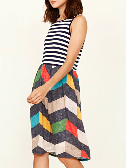 Boho Vintage Chevron Stripe Pink Yellow Navy Sleeveless Mini Poolside Cover Up Dress Small To 3 XL Plus