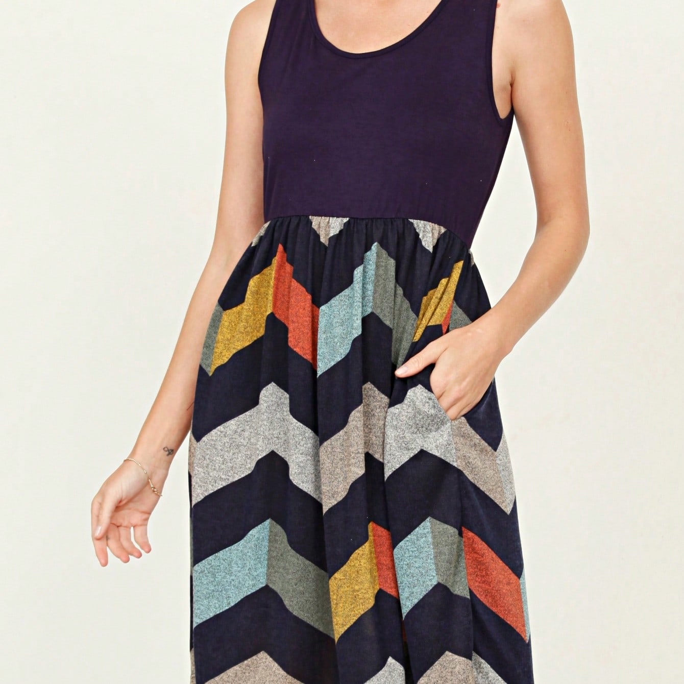 Boho Vintage Chevron Stripe Pink Yellow Navy Sleeveless Mini Poolside Cover Up Dress Small To 3 XL Plus