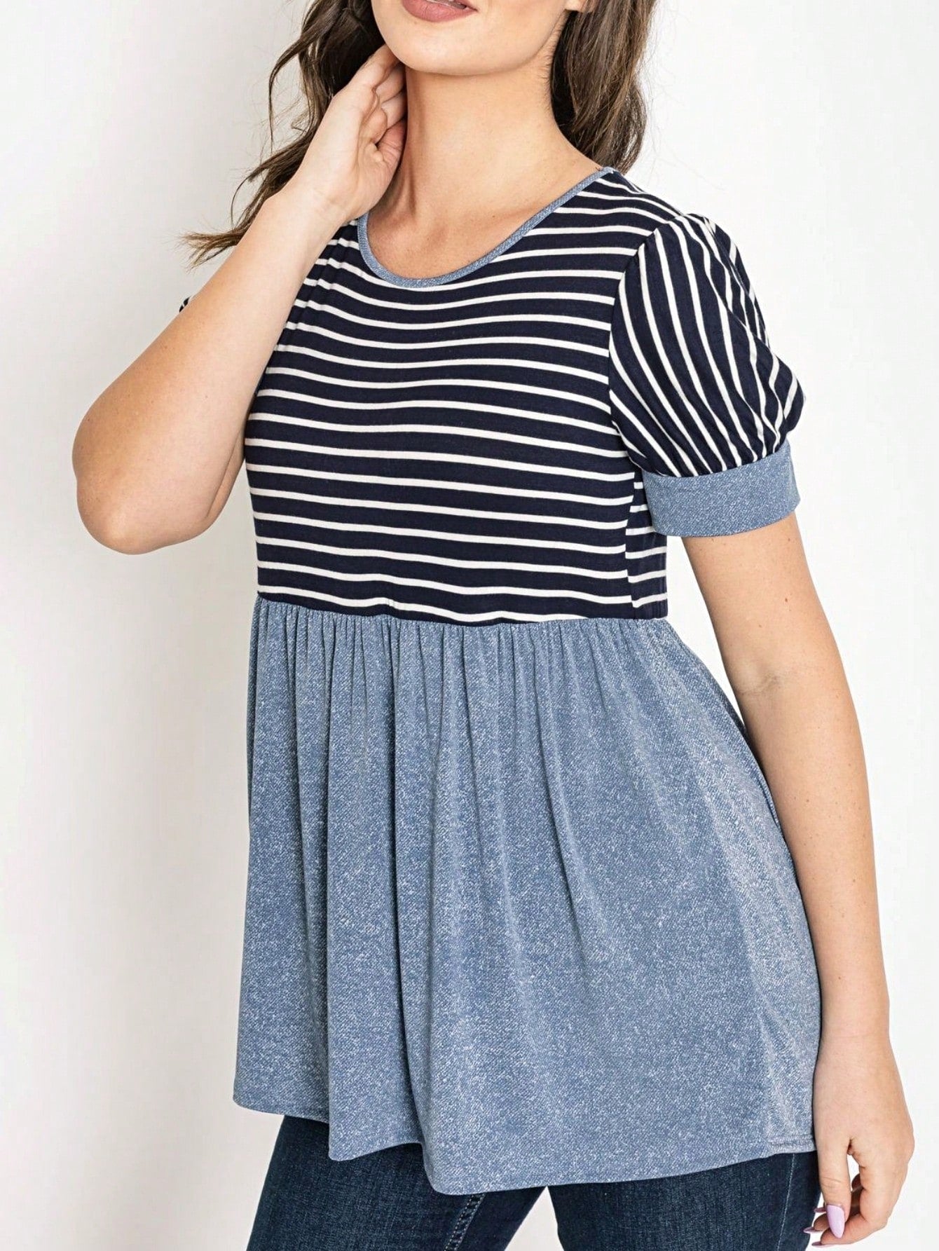 Boho Retro Baby Doll Ivory Navy Blue Floral Color Block Tunic Top Shirt