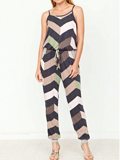 Boho Casual Teal Navy Blue Stripe Tank Cami Spaghetti Strap Wide Leg Jumpsuit Small To 3 XL PLUS