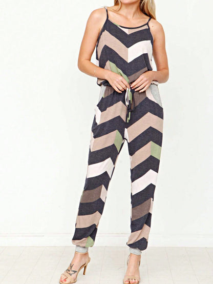 Boho Casual Teal Navy Blue Stripe Tank Cami Spaghetti Strap Wide Leg Jumpsuit Small To 3 XL PLUS