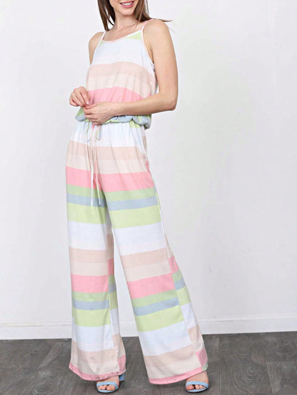 Boho Casual Teal Navy Blue Stripe Tank Cami Spaghetti Strap Wide Leg Jumpsuit Small To 3 XL PLUS
