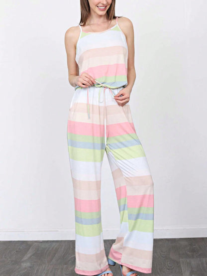 Boho Casual Teal Navy Blue Stripe Tank Cami Spaghetti Strap Wide Leg Jumpsuit Small To 3 XL PLUS
