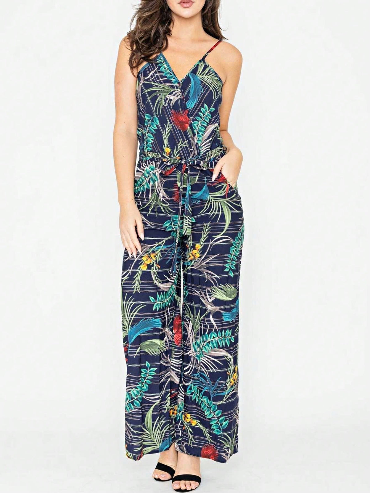 Boho Casual Teal Navy Blue Stripe Tank Cami Spaghetti Strap Wide Leg Jumpsuit Small To 3 XL PLUS